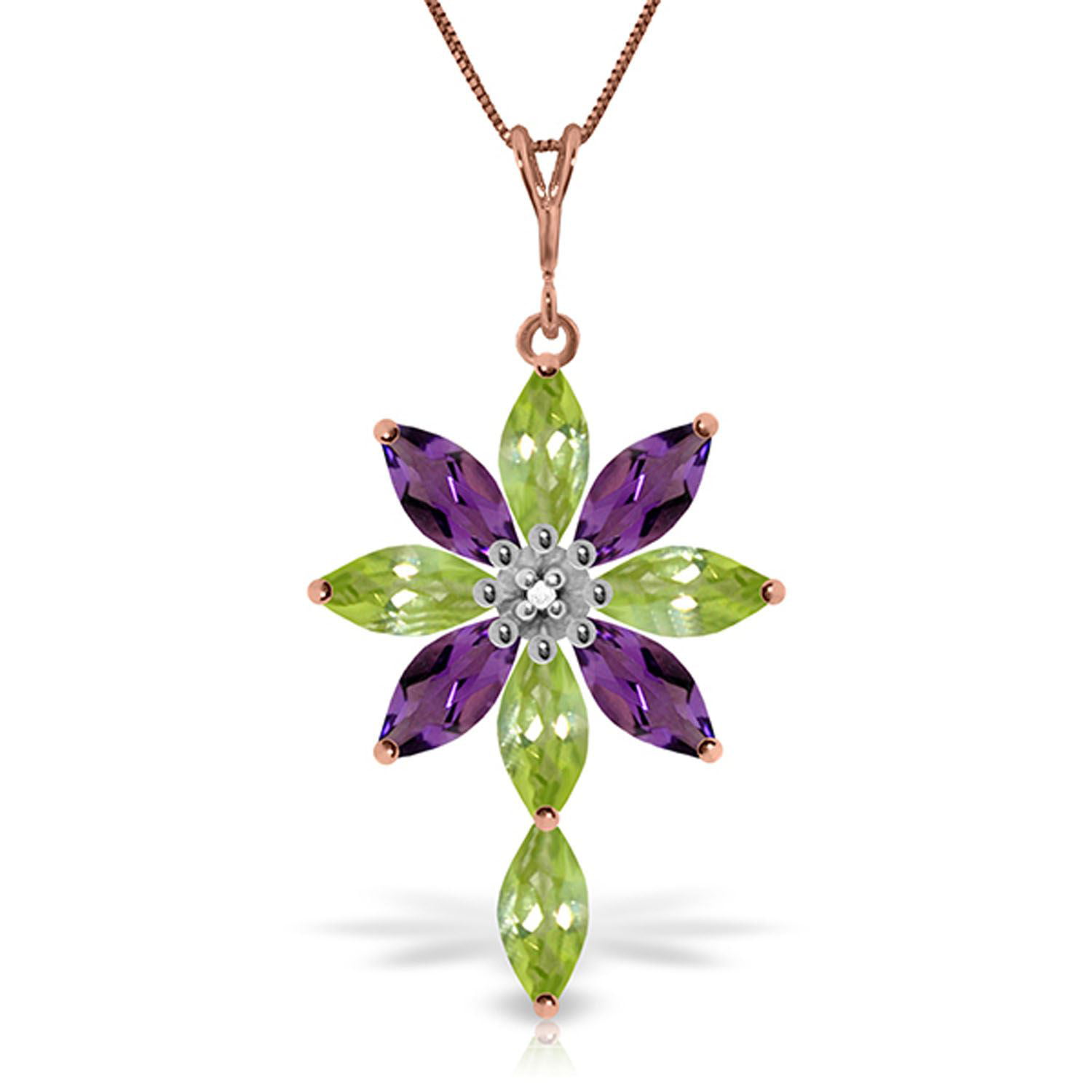 ALARRI 14K Solid Rose Gold Necklace w/ Purple Amethysts & Peridots with 20 Inch Chain Length 