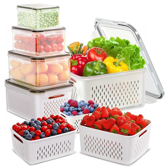 JDF3CISH Contenedores para Refrigerador 5PCS, Recipientes de Almacenamiento sin BPA y a Prueba de Fugas, Organizadores de Refrigerador con Colador Extraíble para Verduras y Alimentos