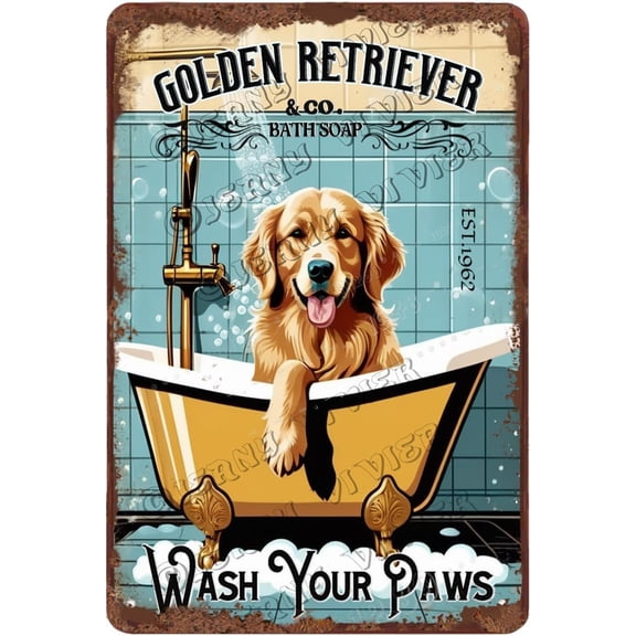 Golden Retriever Decor Wash Your Paws Dog Art Retro Aluminum Sign 12x8 IN Metal Tin Sign Funny Bathroom Wall Decor Dog Gifts Golden Retriever Signs for Office Chic Wall Decor for Bedroom