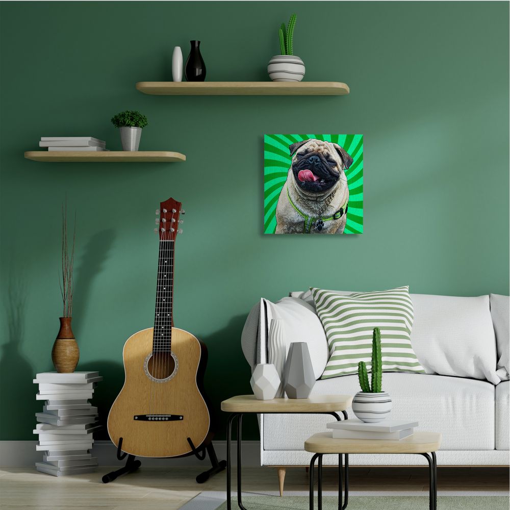 Stupell Industries Happy Pug Portrait over Vibrant Green Spirals Designed by Kim Curinga