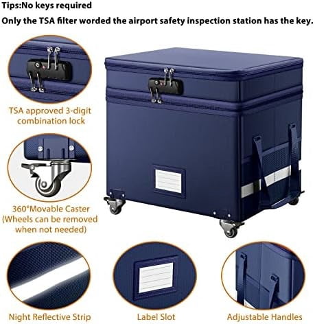 File Box with Lock, 2-Layer Fireproof Document Box with Wheels,Collapsible File Storage Organizer with Pockets,Large Portable Office Filing Cabinet Hanging Folders,Blue,16''x13.8''x12.2''