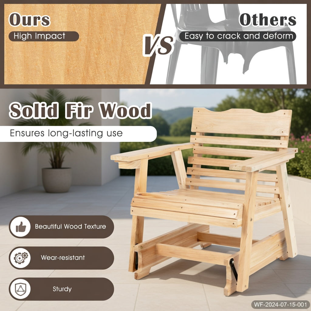 Hommoo Fir Wood Outdoor Rocking Chair with High Back Support & Extra-Wide 4.5" Armrests, Rustic Patio Seating, Natural