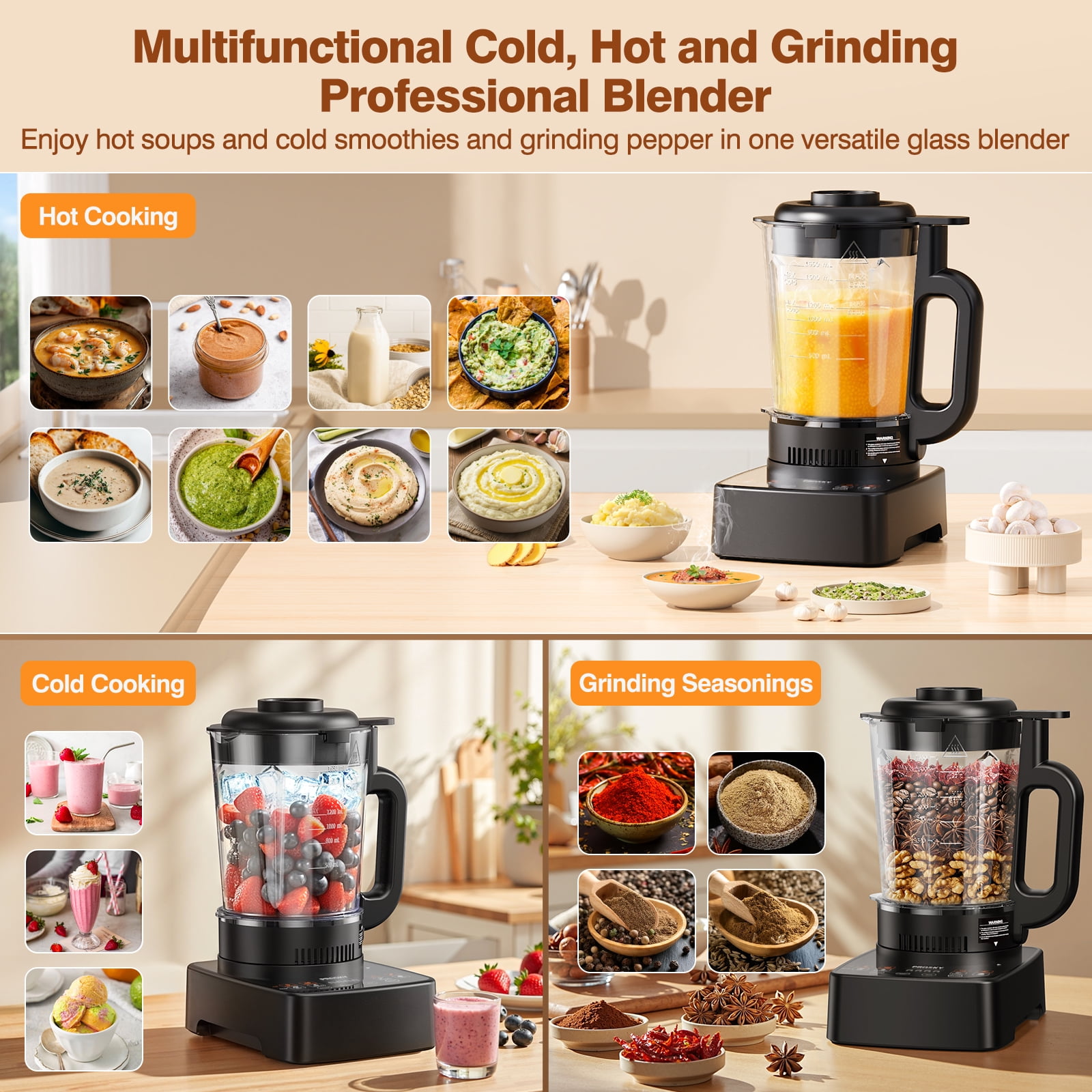 PRASKY Professional Countertop Blender with Heating, 53OZ  Glass Blender, Nut Milk Maker with Stainless Steel Insulated Cup (Black)