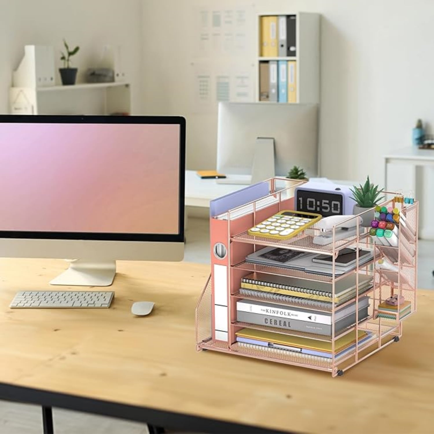 INTIGE Desk Organizer and accessories, 5-Tier Paper Organizer for Desk with Pen Holder and Magazine Holder, Paper Letter Tray for Home, Office