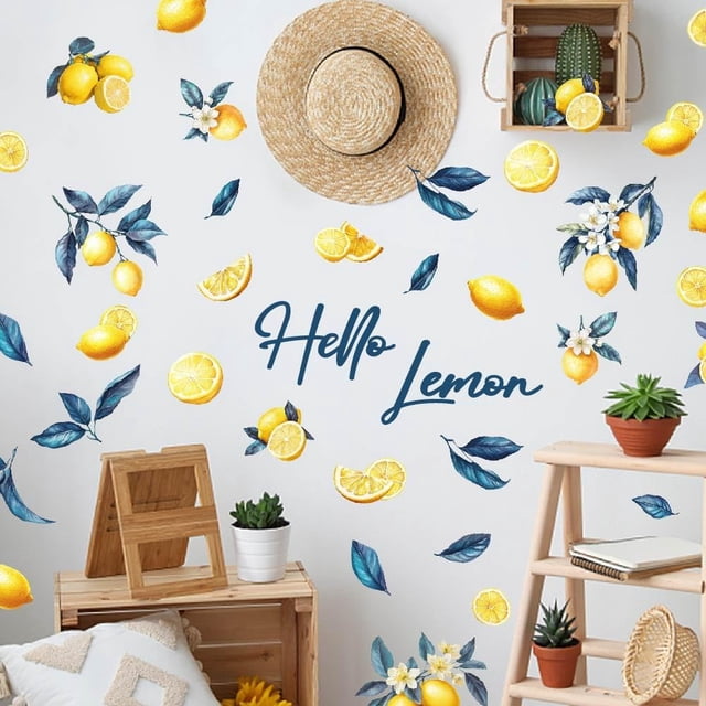 3 pegatinas de pared de acuarela con diseño de limón, color azul y amarillo, para decorar la pared. Vinilo adhesivo para pared, ideal para el hogar.