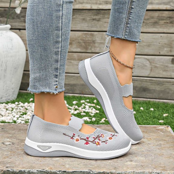 Domzle Women's Flower Embroidered Loafers, Orthopedic Loafer Sneakers for Women, Wide Fit Comfort Breathable Knit Mesh Slip on Walking Shoes Gray
