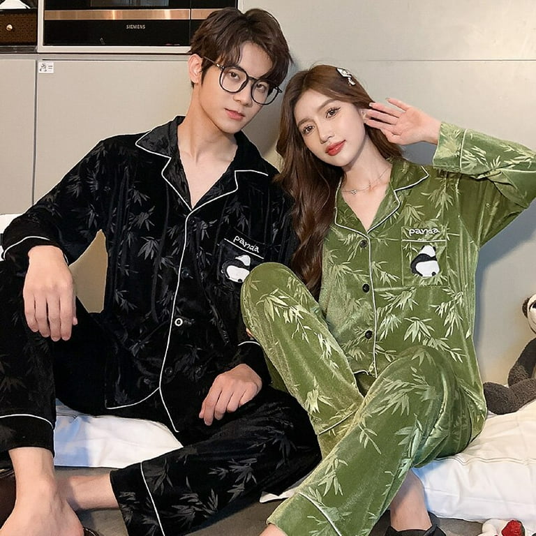 Autumn Winter Cotton Matching Couple Pajamas Men Sleepwear Women