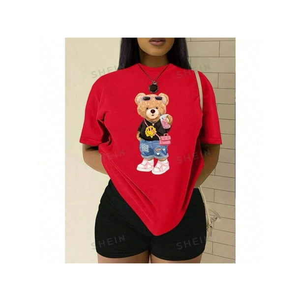 Camiseta Blusa De Manga Corta Con Cuello Redondo Impresa De Oso Para Mujer Color Rojo Talla Chica Marca Emil SaEs