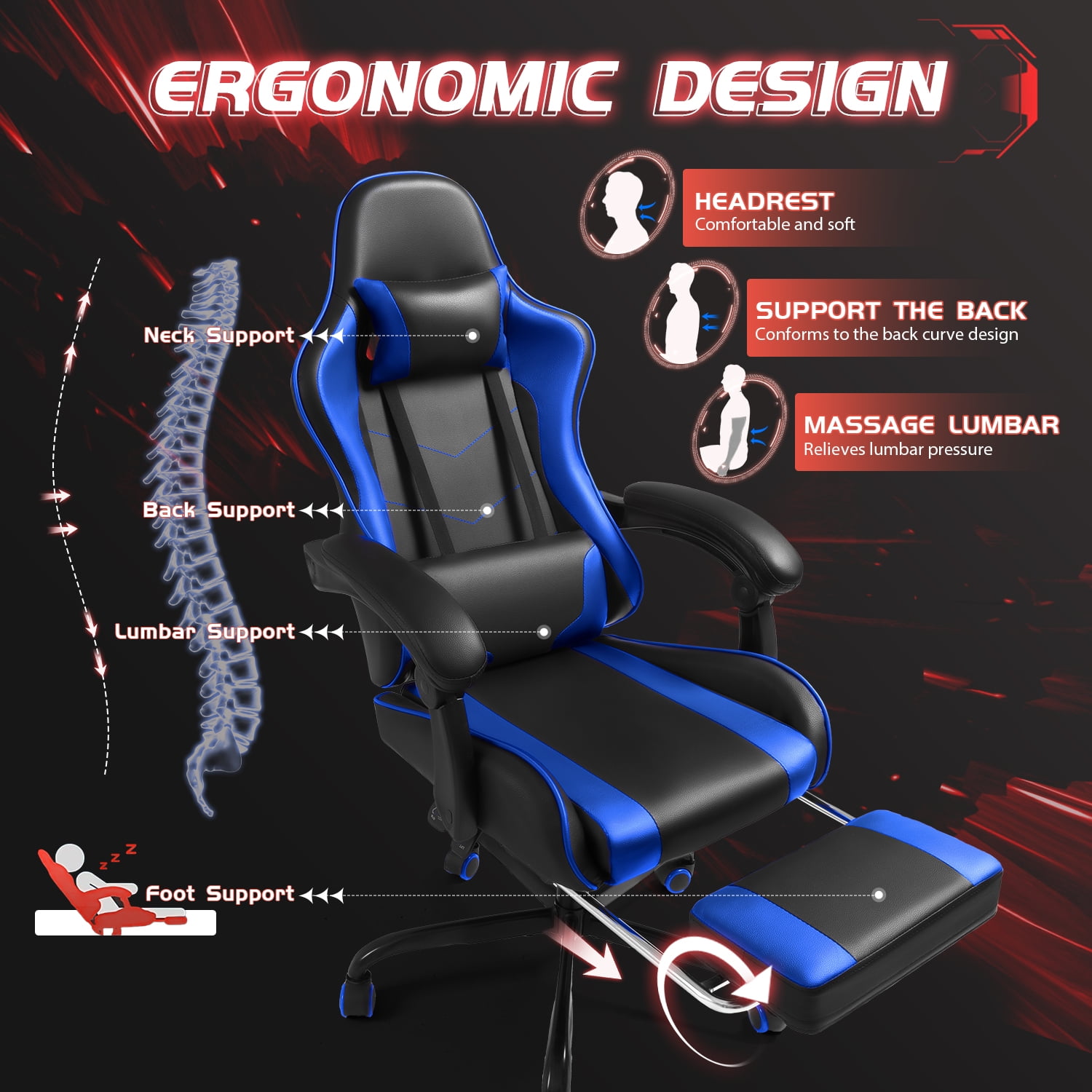 Homall PU Leather Gaming Chair Massage Ergonomic Gamer Chair Height Adjustable Computer Chair with Footrest & Lumbar Support, Blue