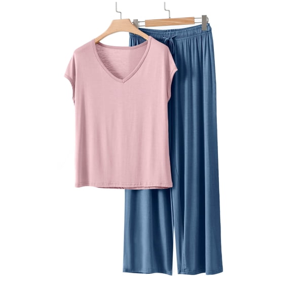 FDGIU Women 2-Piece Pajama Set - Short Sleeve V Neck Top & Wide Leg Pants Loose Solid Color Loungewear Soft Sleepwear