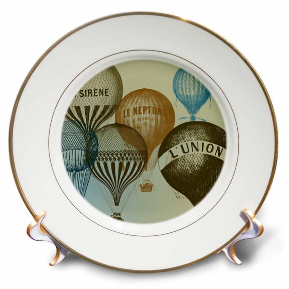 3dRose, Vintage French Hot Air Balloons, 8 inch Porcelain Plate