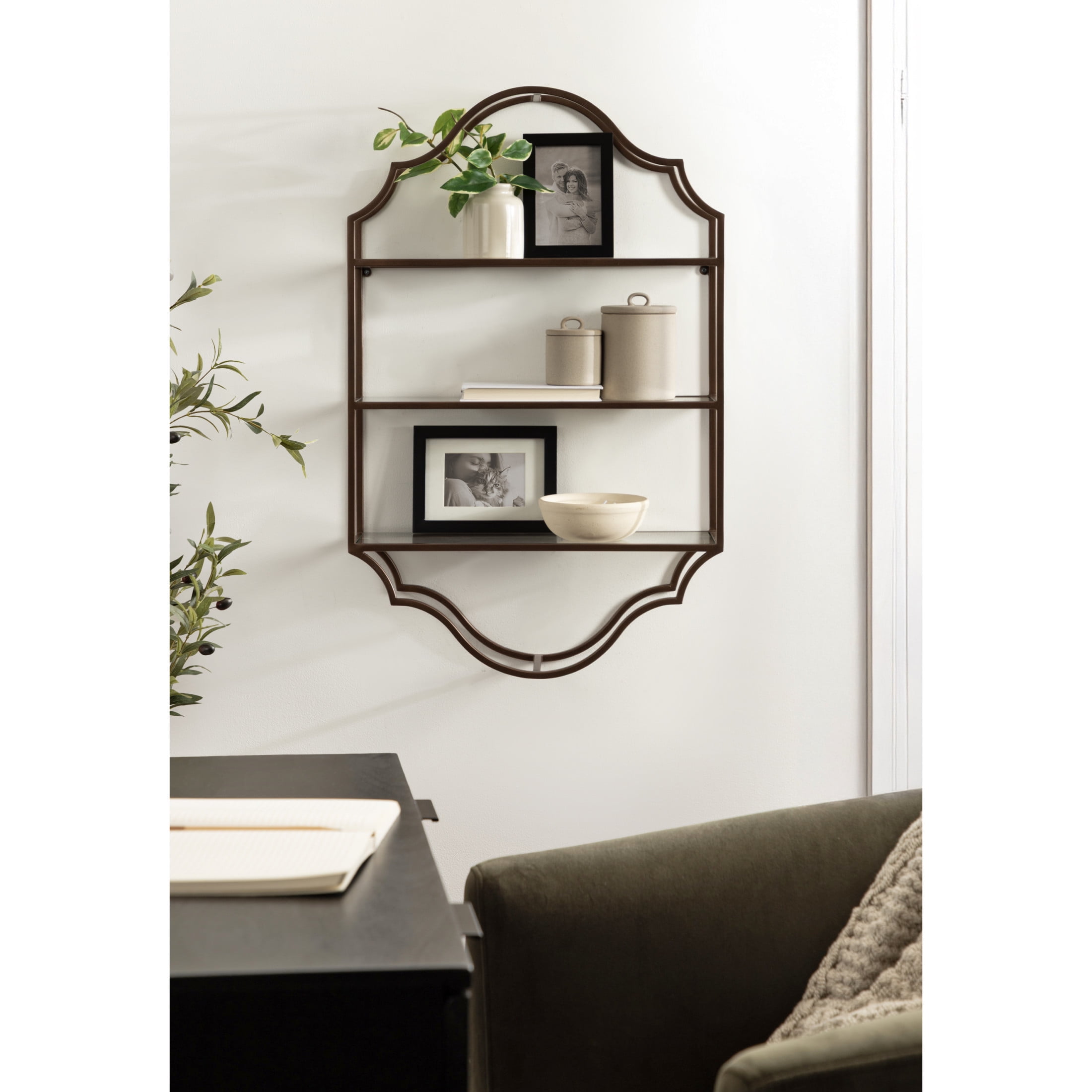Kate and Laurel Leanna Scalloped Three-Tiered Wall Shelf, 20 x 6 x 32, Bronze, Decorative Floating Shelf Storage and Wall Organizer for Bathroom Over Toilet Storage or Display
