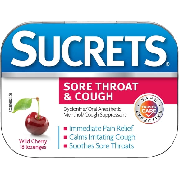 Sucrets Sore Throat & Cough Lozenges, Oral Anesthetic & Cough Suppressant, Wild Cherry, 18 Count