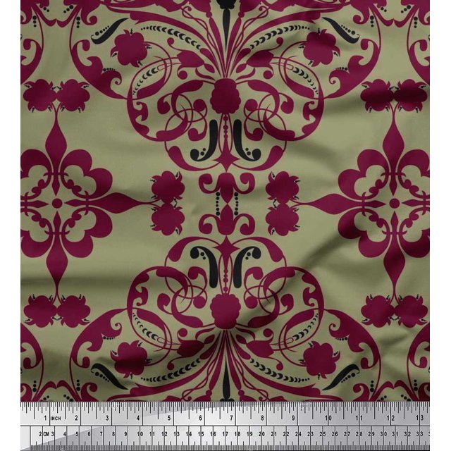 Soimoi Silk Fabric Moroccan Damask Printed Fabric 1 Yard 42 Inch Wide