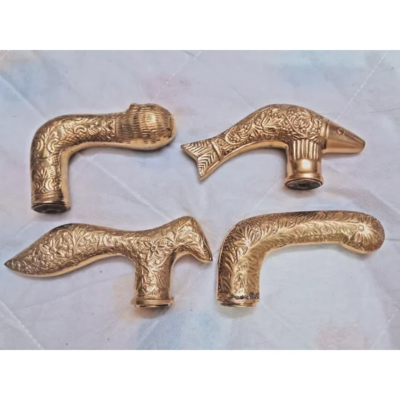 Set of 4 Brass Walking Stick Handles – Vintage Cane Toppers for Wooden Canes, Solid Brass Replacement Heads
