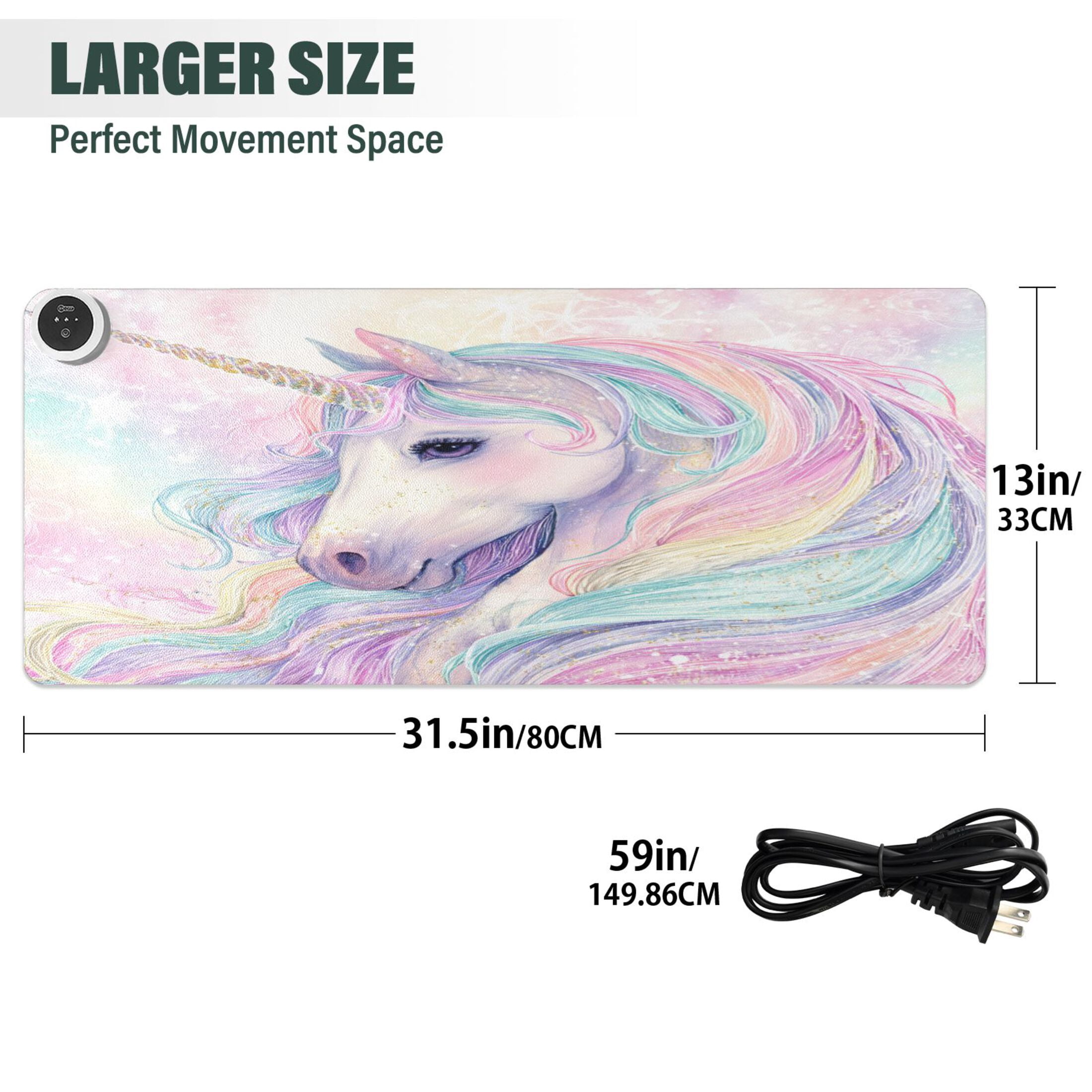 Large Heated Desk Mat Mouse Pad 31.5"x13"PU Leather Graphene Heating Desk Warmer with 3 Temperature Settings 110V US Plug Non-Slip Warm Pad for Home, Office, and Gaming Magical Unicorn Pastel Sky