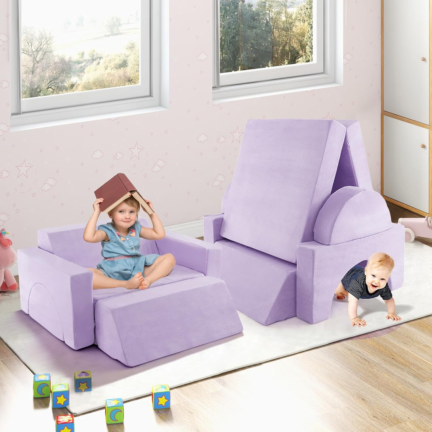 OLAKIDS Modular Kids Play Couch, 8PCS Toddler Sectional Sofa Building Fort for Playroom, Bedroom, Imaginative Convertible Floor Cushion, Foam Set for Boys and Girls