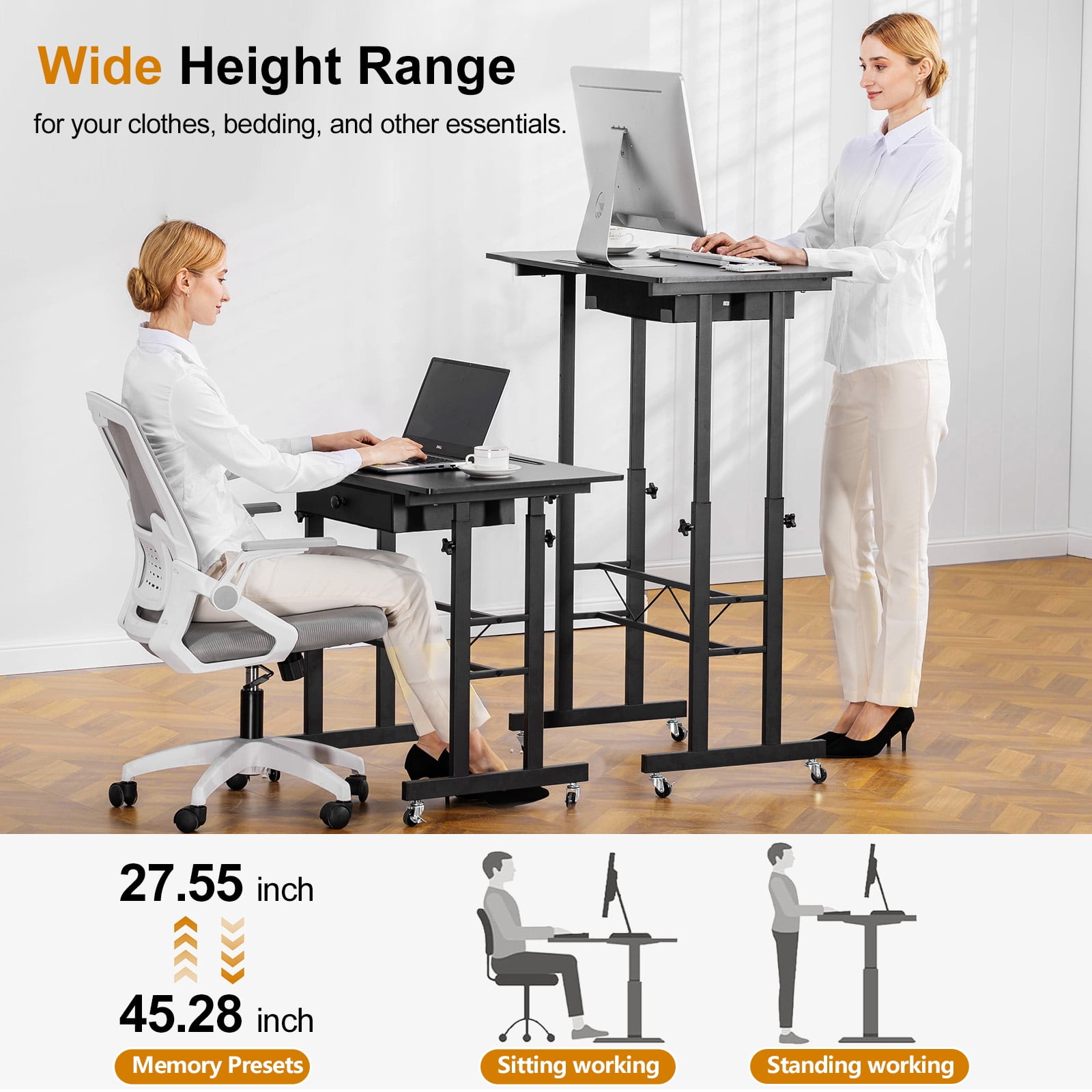 EXRACING Adjustable Height Small Standing Desk, 32" Portable Rolling Laptop Table with Wheels, Mobile Sit-Stand Computer Workstation, Treadmill Desk，Black