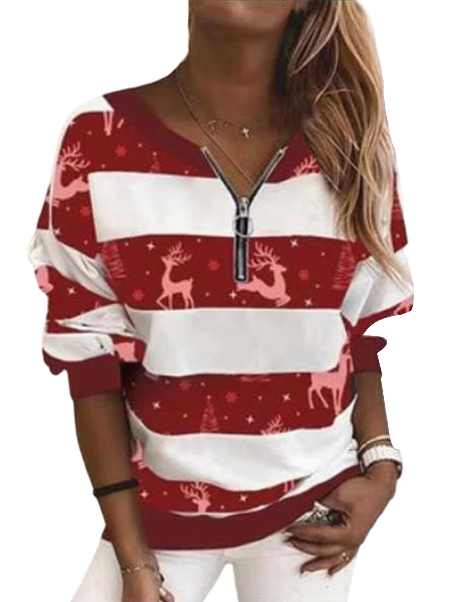 Womens Tops Drawstring Hoodies Pullover Reindeer Print Red White and Blue Colorblocks Drop Shoulder Sweatshirt 