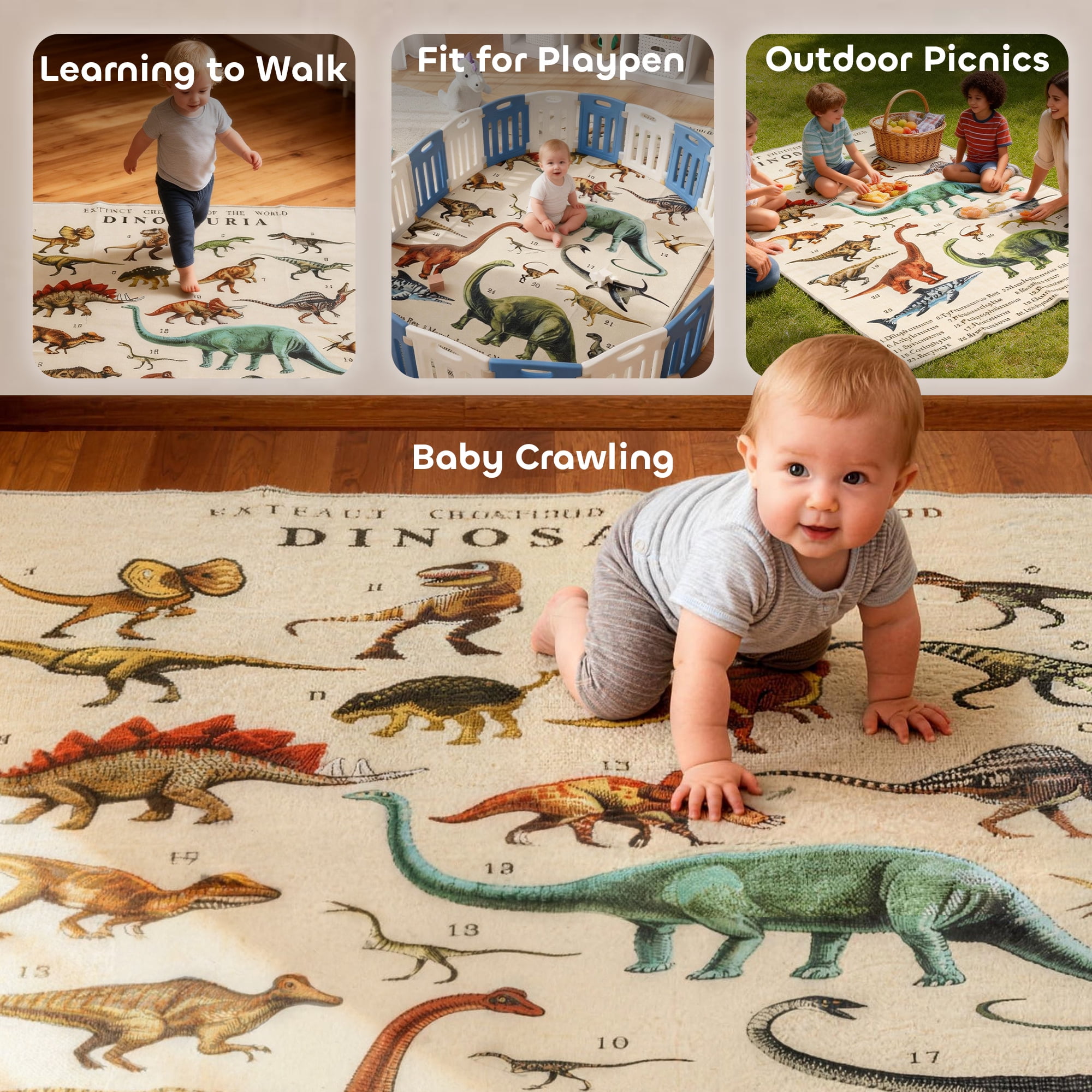 Qaba Large Play Mat 79" x 59", Educational Polyester Crawling Mat, for Toddlers, Living Room and Bedroom with Dinosaur Pattern, Khaki