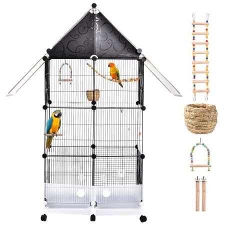 Bird Cage 61.8 Inch Height, Parrot Aviary with Acrylic Front Door and 6 Rolling Wheels, for Cockatoos Lovebirds Budgies with Feeder