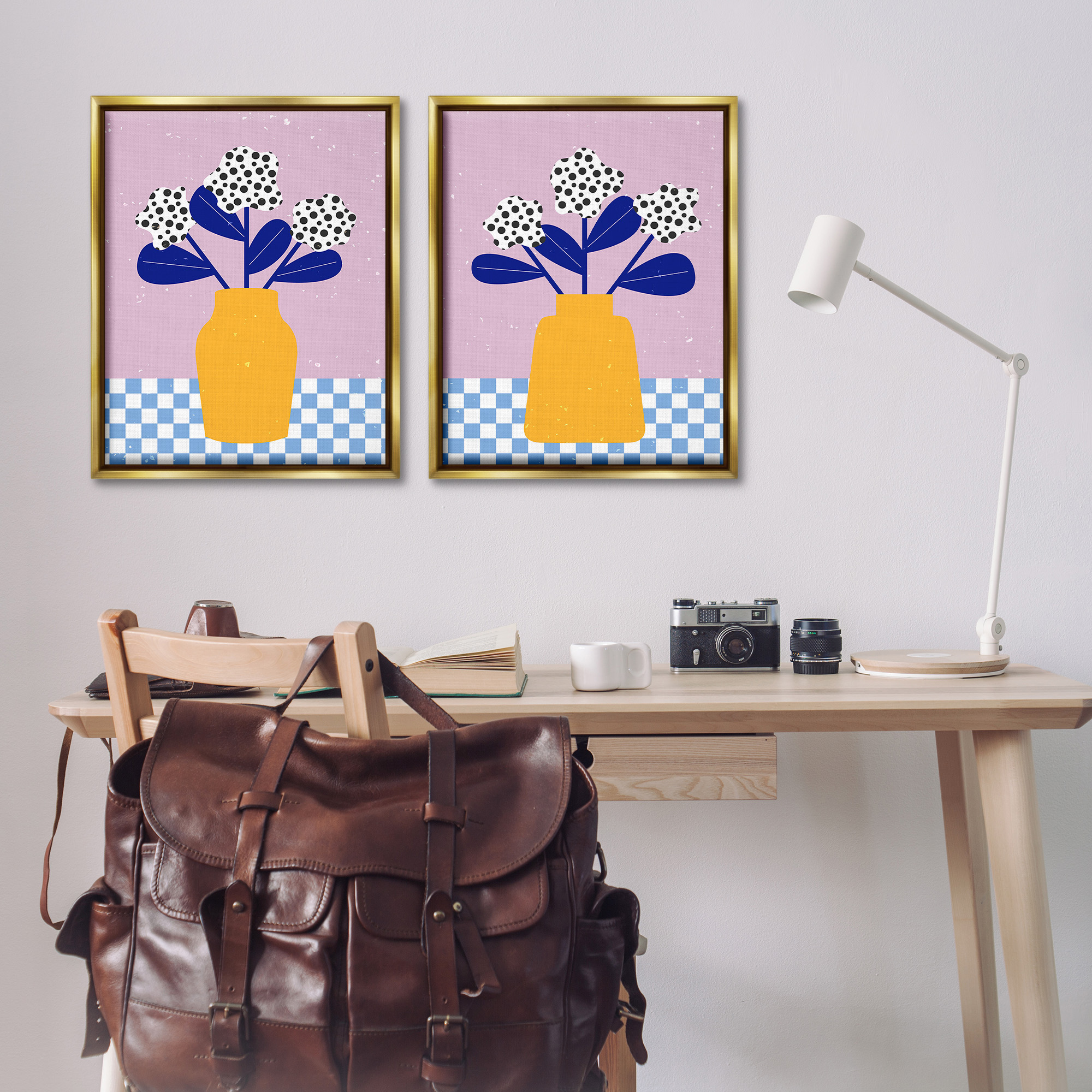 Stupell Industries Patterned Flowers in Vases Botanical & Floral Painting Gold Floater Framed Canvas Art Print Wall Art, 25 x 31, Set of 2
