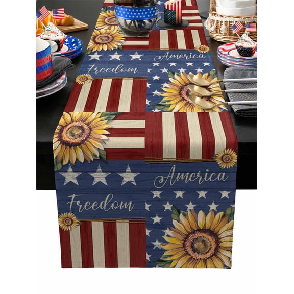 Table Runner Dresser Scarves 36 Inch Long,Farm Sunflower Retro American Flag Linen Dining Table Runners Rustic Floral Star Stripe Tabletop Scarf for Wedding Holiday Party Kitchen