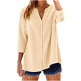 thumbnail image 2 of Sokhug Womens Striped Button Down Shirts V Neck 3/4 Sleeve Blouses Casual Loose Fit Tunic Tops with Curved Hem, 2 of 7