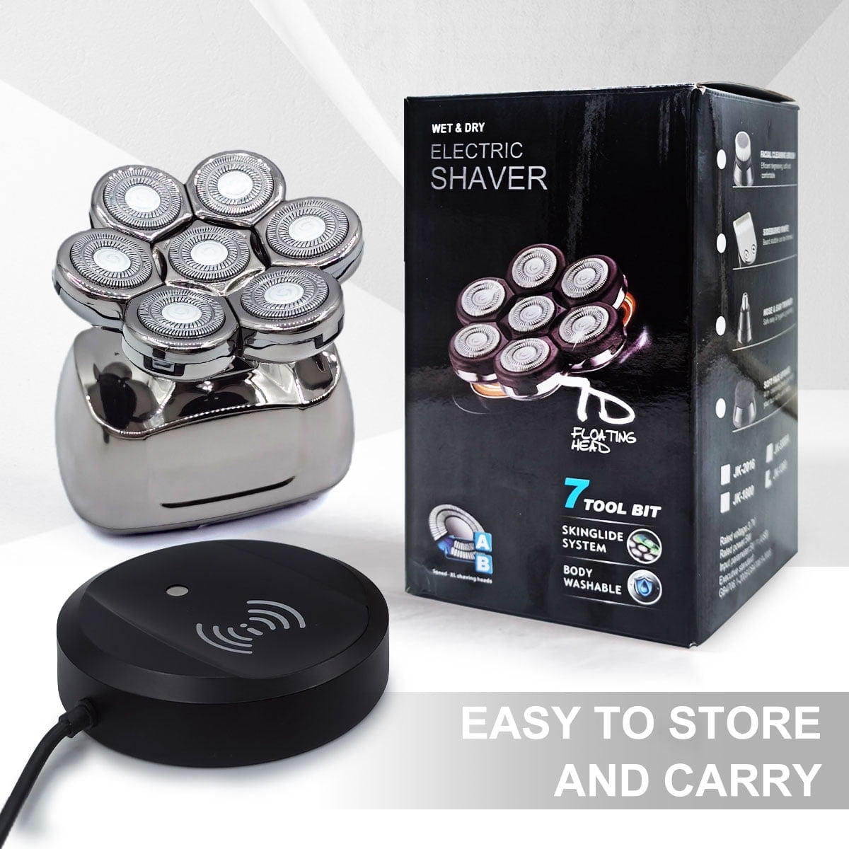 TiokMc 6-in-1 Waterproof Electric Head Shaver for Men, 7D Rotary Blades, LED Display, USB Rechargeable Grooming Kit with Trimmer, Nose Hair Cutter, and Accessories
