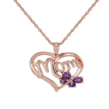 Brilliance Fine Jewelry 14K Rose Gold Plated Sterling Silver Mom Heart Pendant with Amethyst Butterfly, 18''