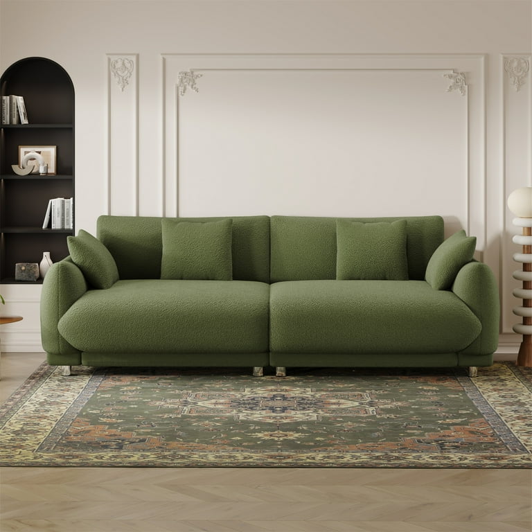 Aukfa 87 Modern Comfy Sofa Upholstered Couch for Living Room 4 Pillows Teddy Fleece Green Walmart