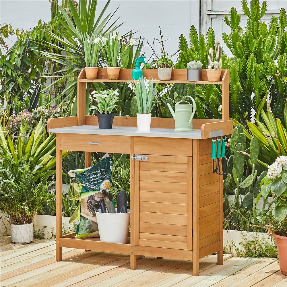 Renwick Outdoor Garden Potting Bench with Cabinet & Open Shelf, Wood