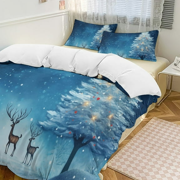 Christmas Elk Theme 3 Pieces Duvet Cover with Zipper Closure,Premium Polyester Lightweight Bedding Set