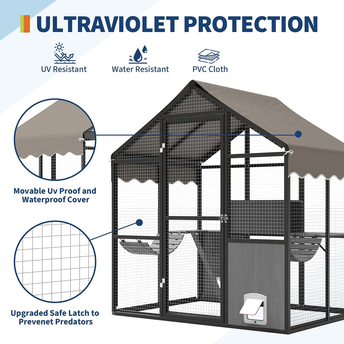Aluminum Walk-In Large Outdoor Cat Enclosure,Large Outdoor Catio for Multiple Cats, Outside Cattery with Weatherproof Roof with Channels,Side Door,UV Proof Cover,Huge Condo,Platform(ship in 2 boxes)