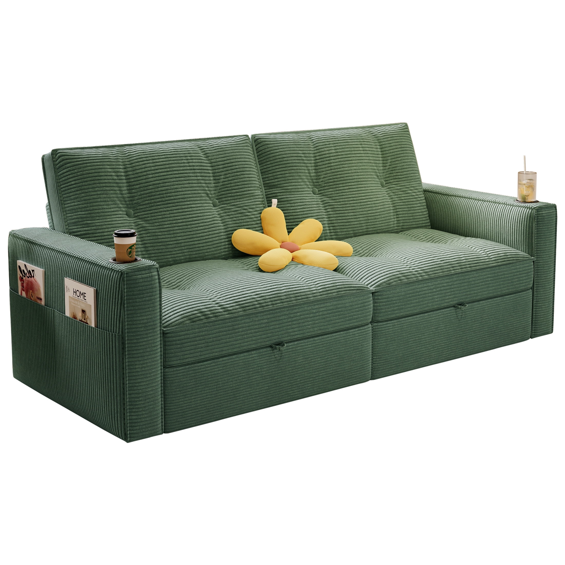 Noble House 2-in-1 Convertible Pull Out Sofa Bed with Adjustable Backrest, 73" Modern Corduroy Sleeper Couch, Green