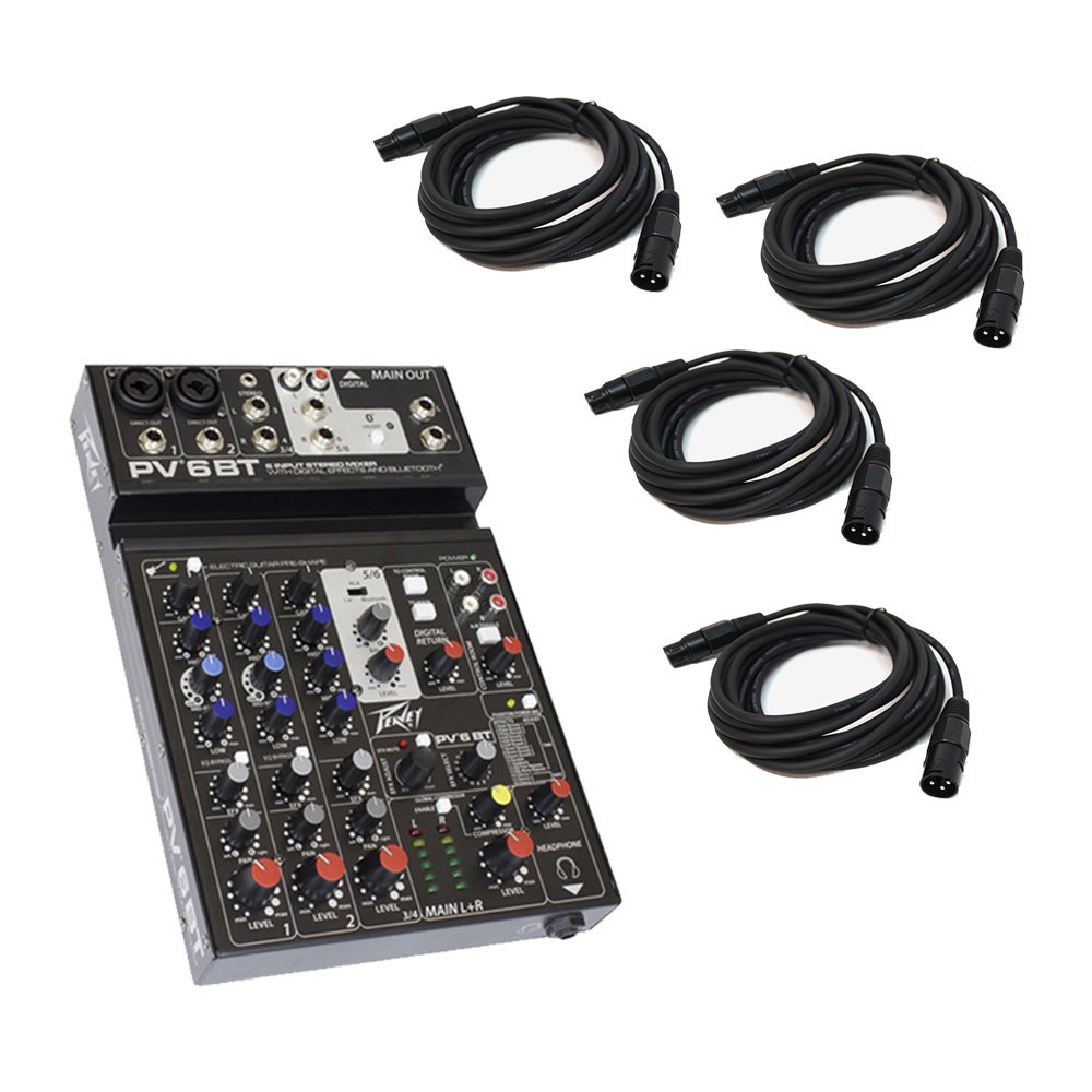 Peavey PV6 BT New Pro Audio DJ Bluetooth 6 Channel Slim Mixer & (4) XLR