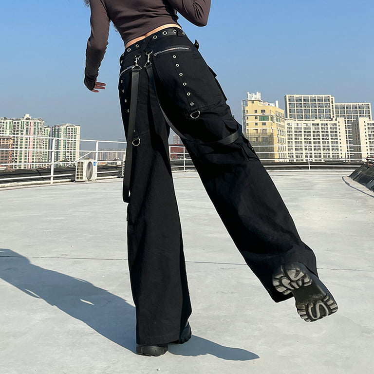 Huakaishijie Women Cargo Pants Goth Baggy Jeans Wide Leg Gothic Pants Tripp Pants  Punk Hip Hop Pants 