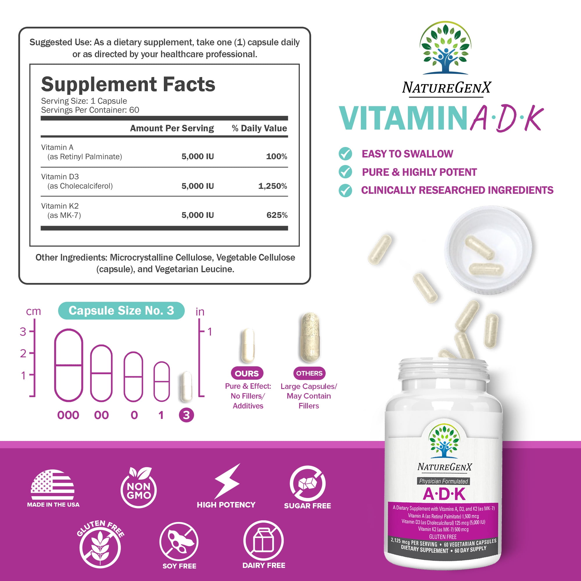 NatureGenX ADK Vitamin Supplement – High Potency Vitamins A 5000 IU, D3 5000 IU, K2 500 mcg – Supports Bone Strength, Joint Health, Heart & Immune Function – 60 Capsules, 2-Month Supply