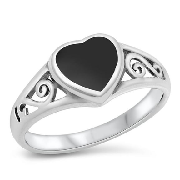 CHOOSE YOUR COLOR Heart Filigree Simulated Black Onyx Promise Ring .925 Sterling Silver Band CZ Female Size 7