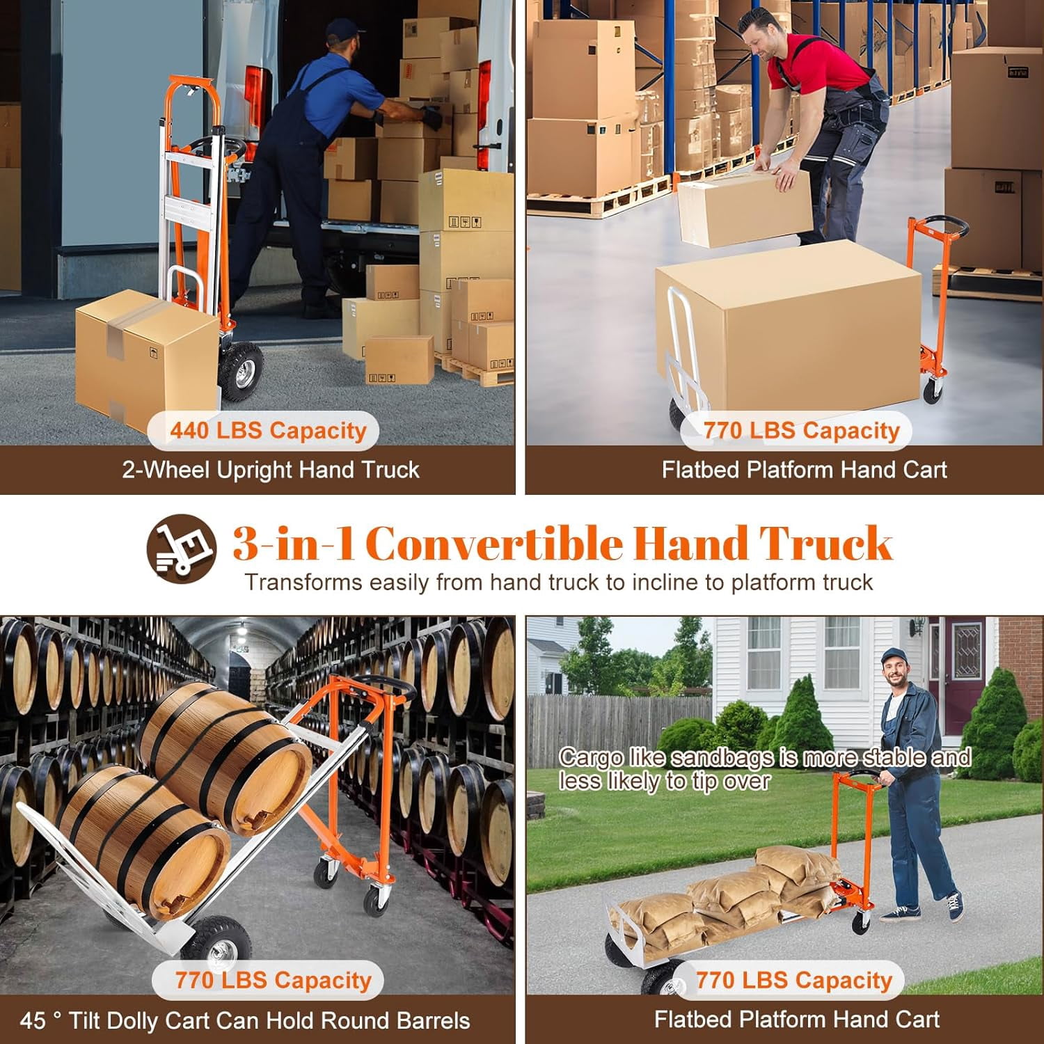 3-in-1 Aluminum Convertible Hand Truck Dolly, 770 lbs Capacity, Industrial Cart with 10" Rubber Wheels, Ergonomic Handle & Extendable Nose Plate