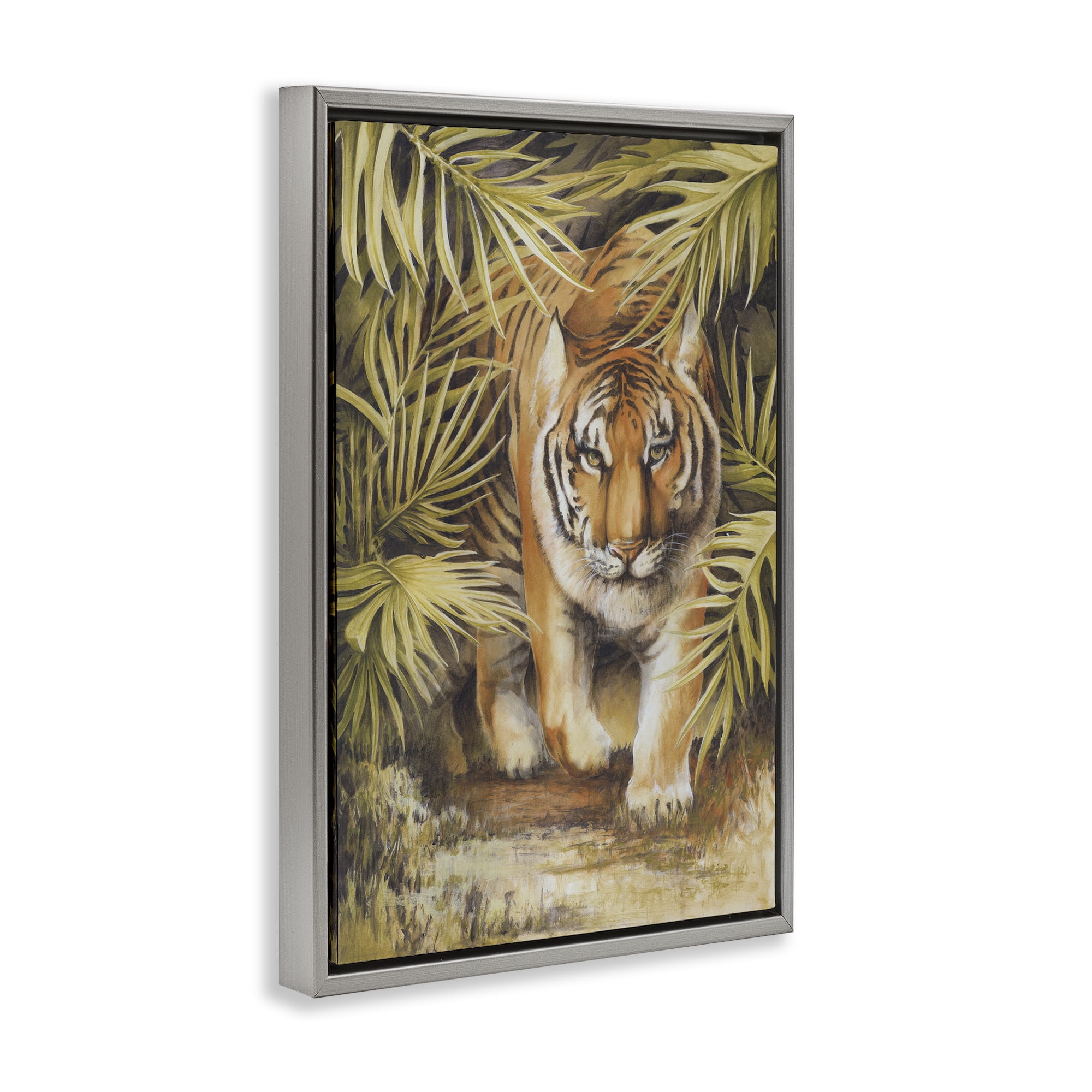 Stupell Industries Tiger Prowling Through Leaves Animals & Insects Painting Gray Floater Framed Canvas Art Print Wall Art, 17 x 25