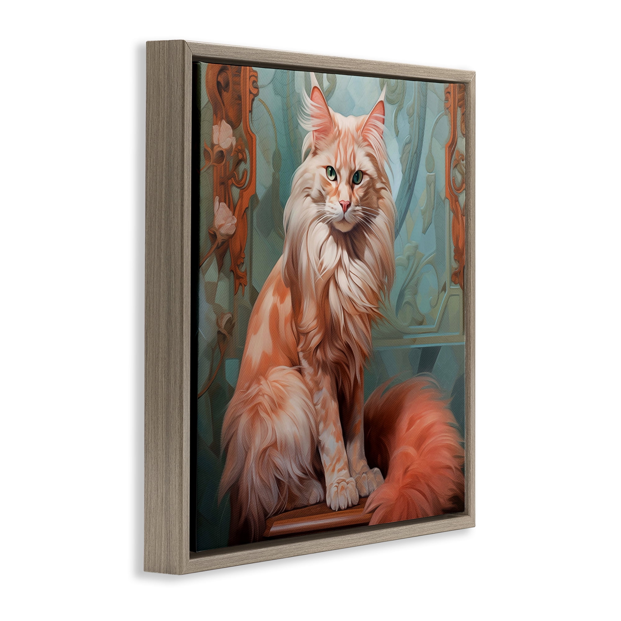 Stupell Industries Cat Nouveau Portrait Animals Painting Brown Floater Framed Canvas Art Print Wall Art, 18 x 18