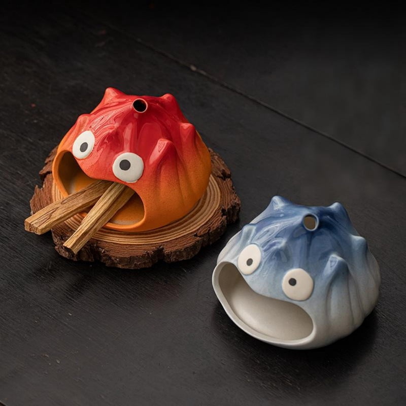 Cute Red Monster Palo Santo Holder Incense Burner - Ceramic Cartoon Holder for Holy Wood Sticks/Cones | Fun Decor for Energy Cleansing, Meditation, Bedroom & Desk (Gradient Blue-Orange Glaze)