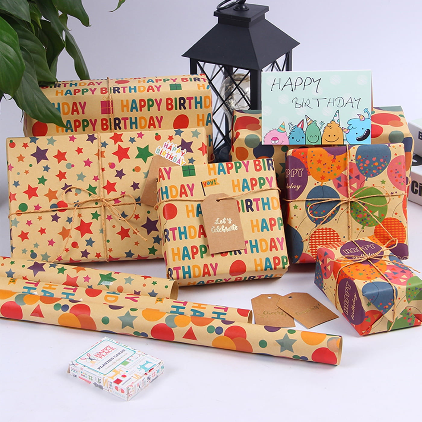 Kraft Birthday Wrapping Paper, Vintage Style Perfect for Men Women Kids Brown Kraft Wrap Paper with Colorful Balloons Stars Happy Birthday for Party - 3 Rolls, 17 inch X 120 inch Each