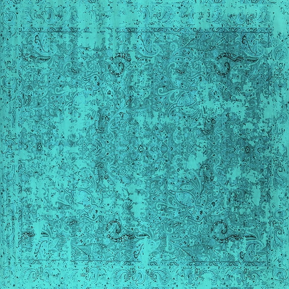 Ahgly Company Machine Washable Indoor Square Oriental Turquoise Blue Industrial Area Rugs, 5' Square