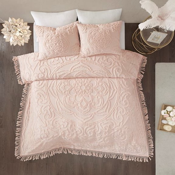 Tufted Cotton Chenille Coverlet Set with Medallion Pattern and Fringe Trim, Lightweight All Season Bedding Set with Matching Shams, Soft Breathable Bedspread, Blush, Full Queen or King