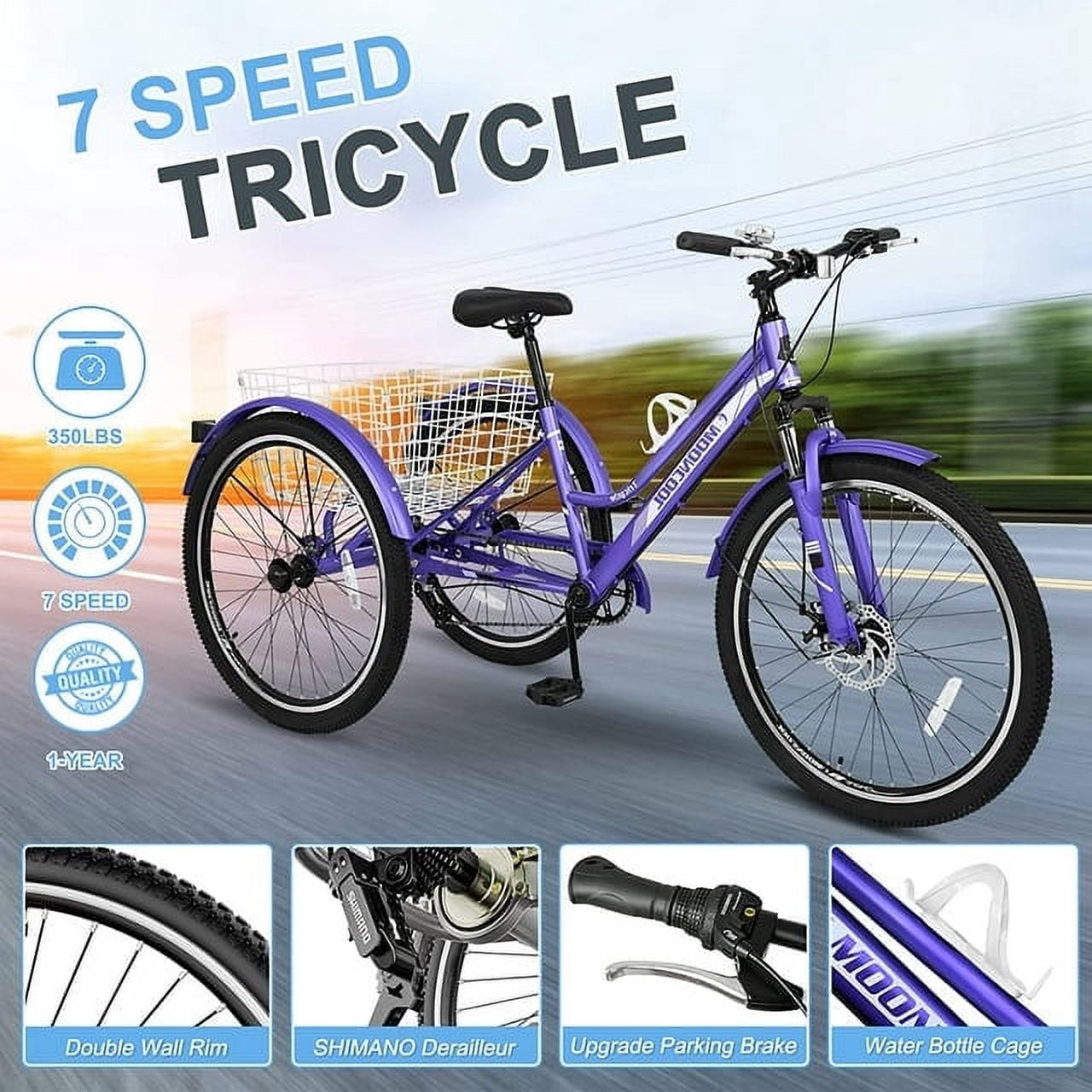 FICISOG 24" Adult Mountain Tricycle, 3 Wheeled 7-Speed Mountain Tricycle Cruiser Bike with Basket,Unisex