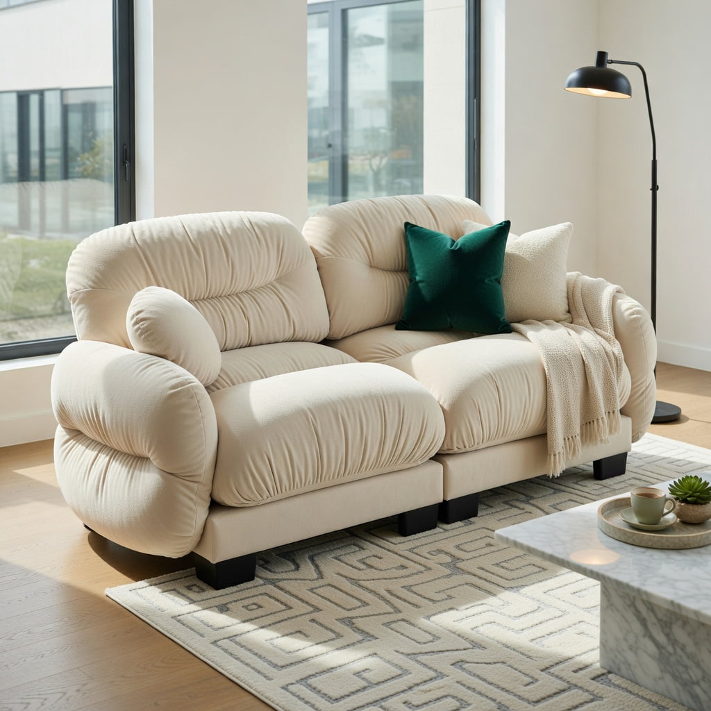 Hommoo Chenille 2-Seater Modular Sofa with Pleated Back, Ergonomic High-Density Foam Cushions, Curved Armrests & 2 Round Throw Pillows, Beige
