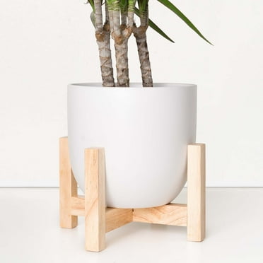 Peach & Pebble 10 in. White Ceramic Egg Shaped Indoor Planter   Medium Wood Stand (7 in. to 12 in.)