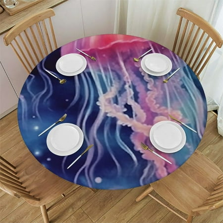 

Ullo0ord Round Tablecloth with Elastic Edges Circular Tablecloth Waterproof Tabletop Wipeable Polyester Table Cloth Durable Table Cover Fitted for Kitchen Outdoor Party Decor Pink Jellyfish 38-42